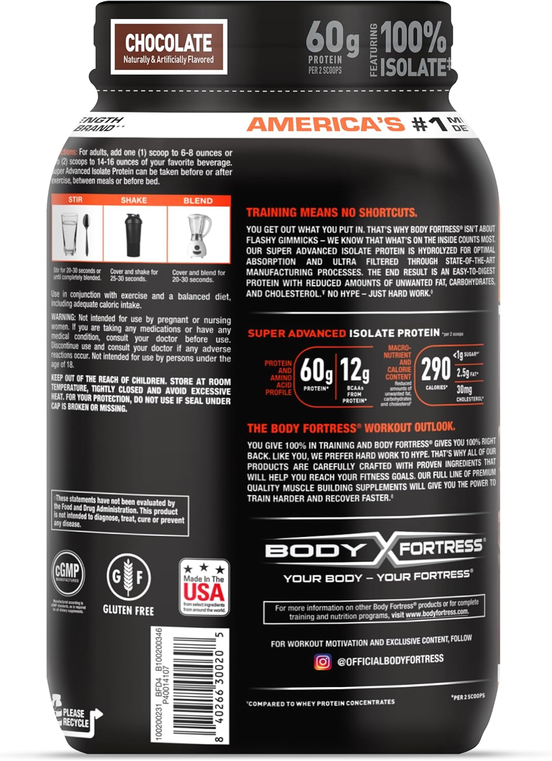 Chocolate Whey Protein Isolate Powder for Meal Replacement Shakes - Body Fortress Super Advanced, 3 lbs, Low Carb, Gluten Free