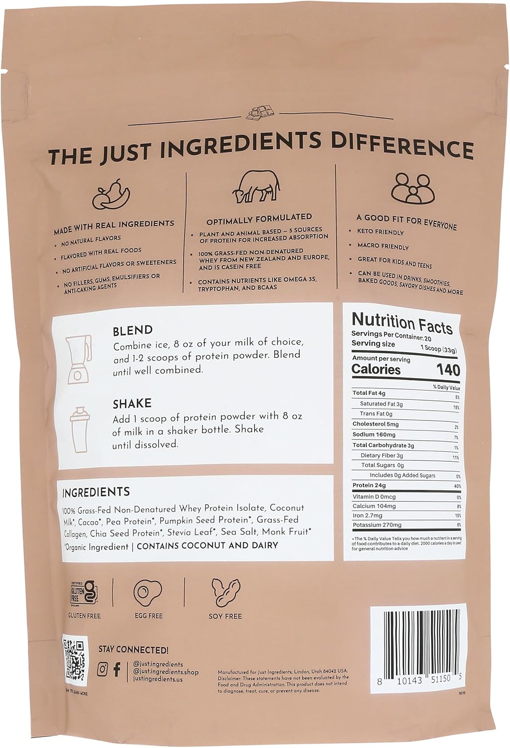 Chocolate Whey Protein Powder, 23.28 OZ by Just Ingredients - Premium Quality Supplement for Muscle Recovery and Growth