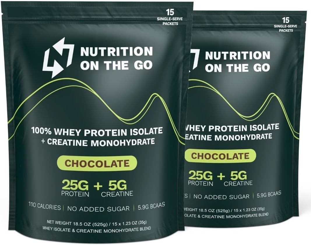 Chocolate Whey Protein Powder with Creatine - 25g Protein, 5g Creatine - Single-Serve Packets for Travel - Gluten-Free, No Added Sugar - 30 Pack