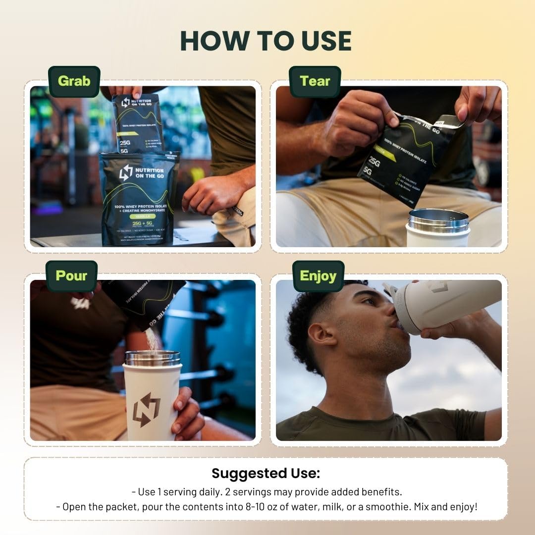 Chocolate Whey Protein Powder with Creatine - 25g Protein, 5g Creatine - Single-Serve Packets for Travel - Gluten-Free, No Added Sugar - 30 Pack