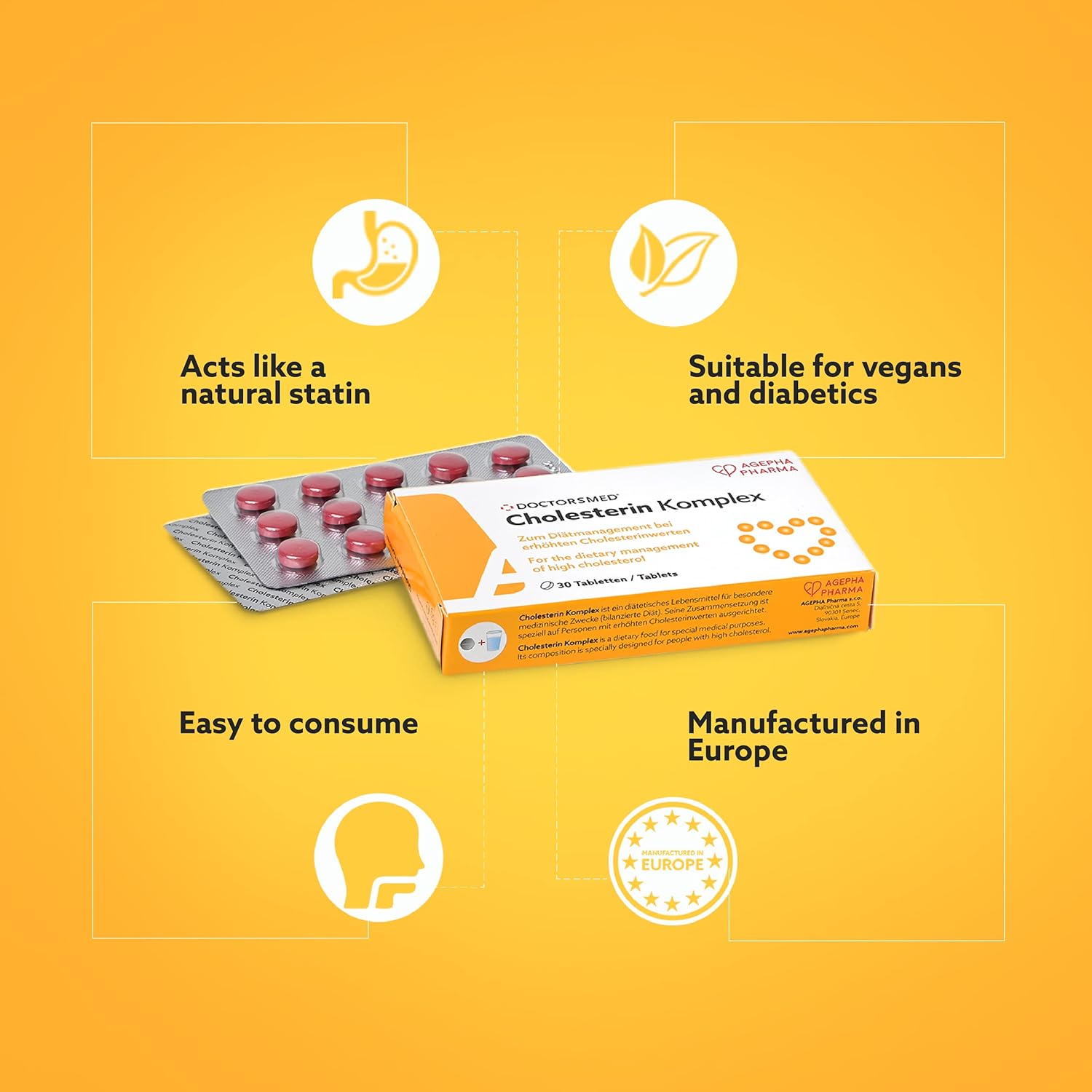 Cholesterin Komplex Supplement | 30 Vegan Tablets | Red Yeast Rice Extract with Monacolin K | Gluten-Free & Lactose-Free | Made in Europe