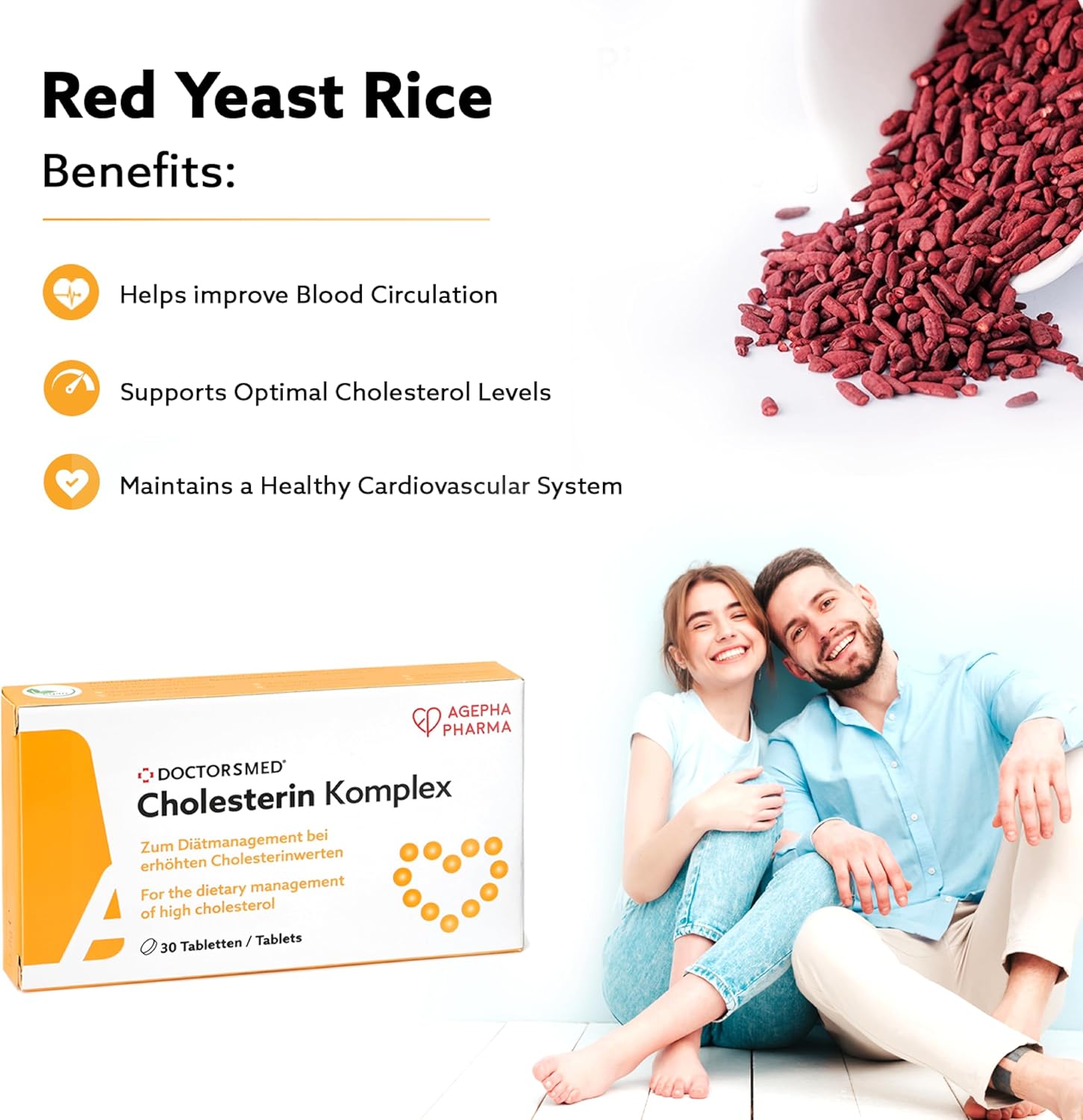 Cholesterin Komplex Supplement | 30 Vegan Tablets | Red Yeast Rice Extract with Monacolin K | Gluten-Free & Lactose-Free | Made in Europe