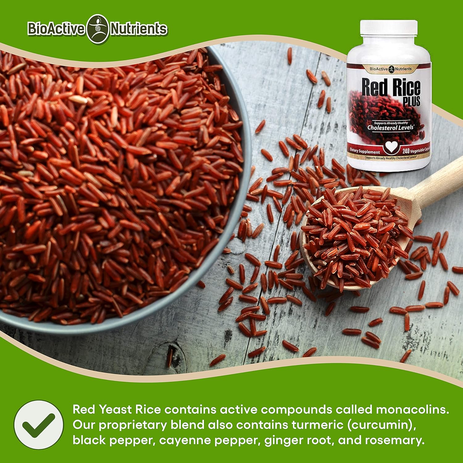 Cholesterol Support Supplement with BioActive Nutrients - Red Rice Plus Formula with Turmeric, Black Pepper, Cayenne Pepper, Ginger Root, and Rosemary - 240 Vegetable Capsules