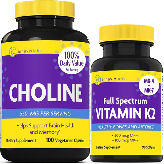 Choline Bitartrate 550mg & Vitamin K2 Bundle for Memory, Mood, Brain Health - 100 Capsules Choline & 90 Softgels Vitamin K2 - Cognitive Support
