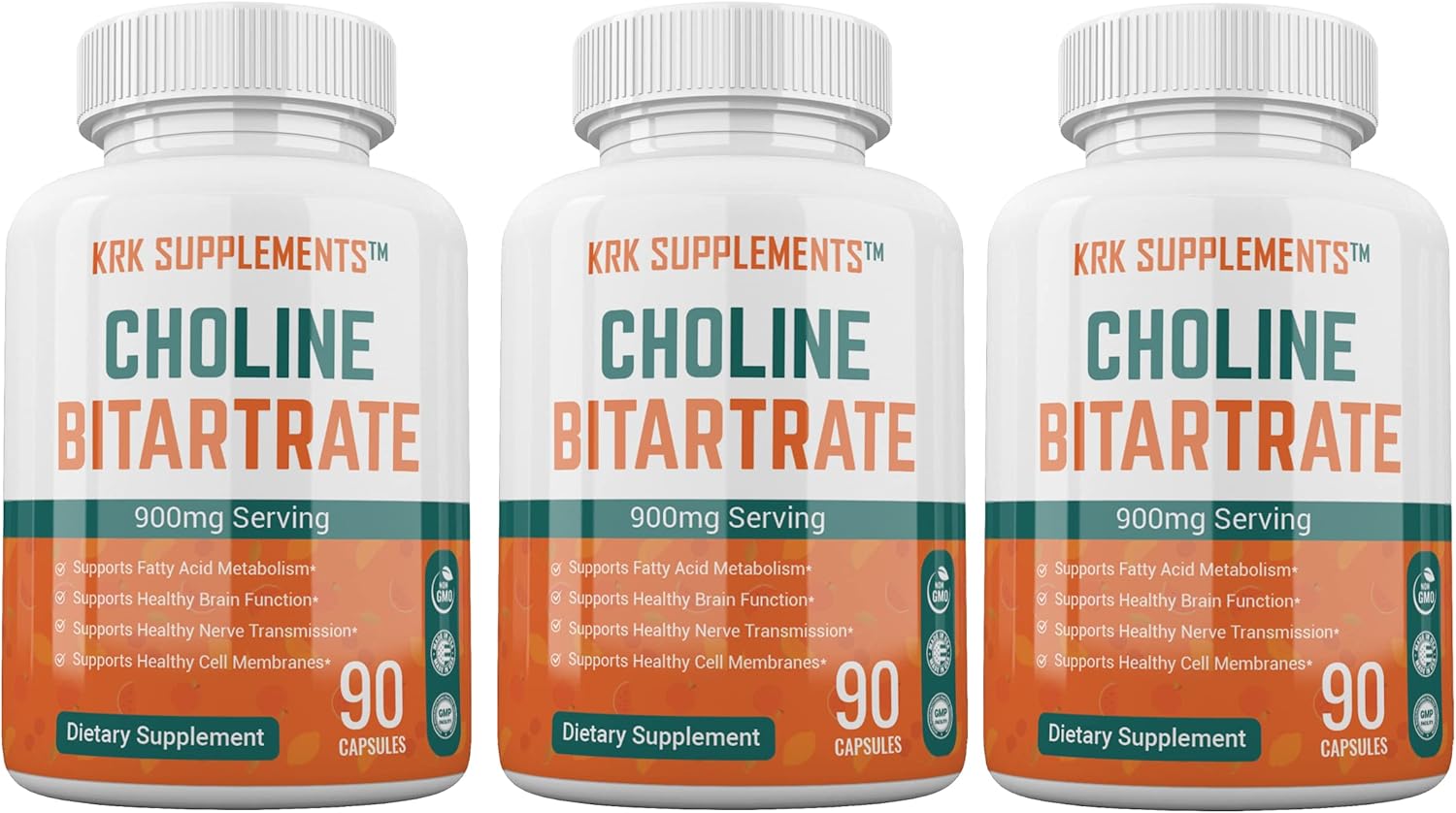 Choline Bitartrate 900mg - 3 Bottles, 270 Capsules by KRK Supplements