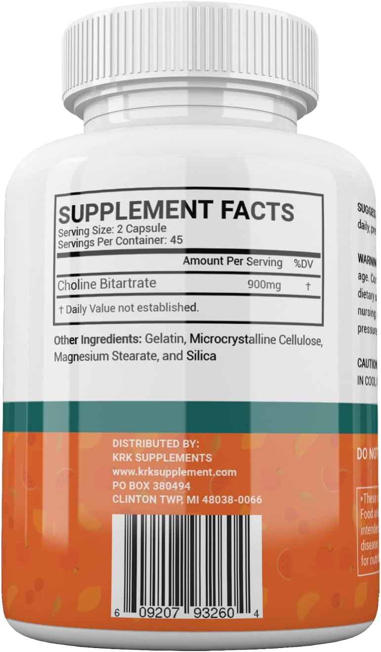 Choline Bitartrate 900mg - 3 Bottles, 270 Capsules by KRK Supplements
