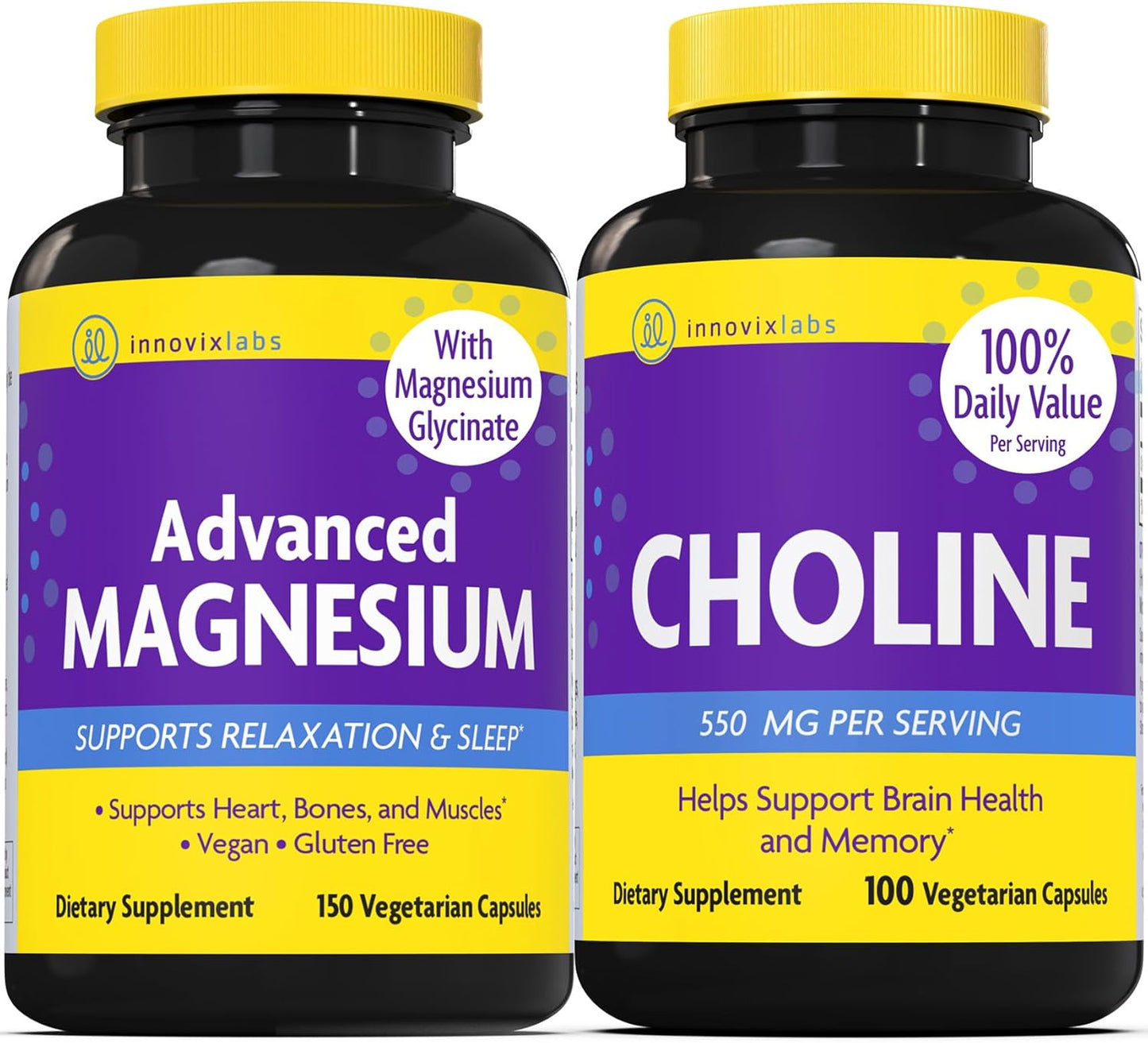 Choline Bitartrate and Advanced Magnesium Bundle for Memory and Brain Health Boost - 100 Capsules Choline, 150 Capsules Magnesium.