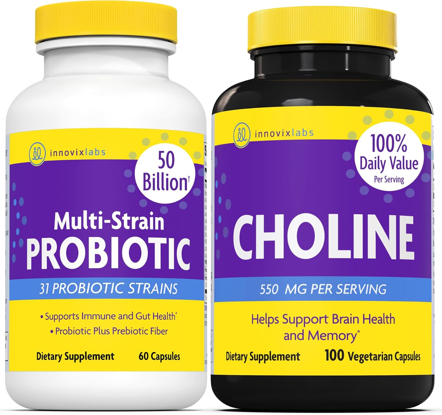 Choline Bitartrate & Multi Strain Probiotic Bundle for Memory, Mood, & Brain Health Boost - 550mg Choline, 100 Capsules + 60 Probiotic Capsules.