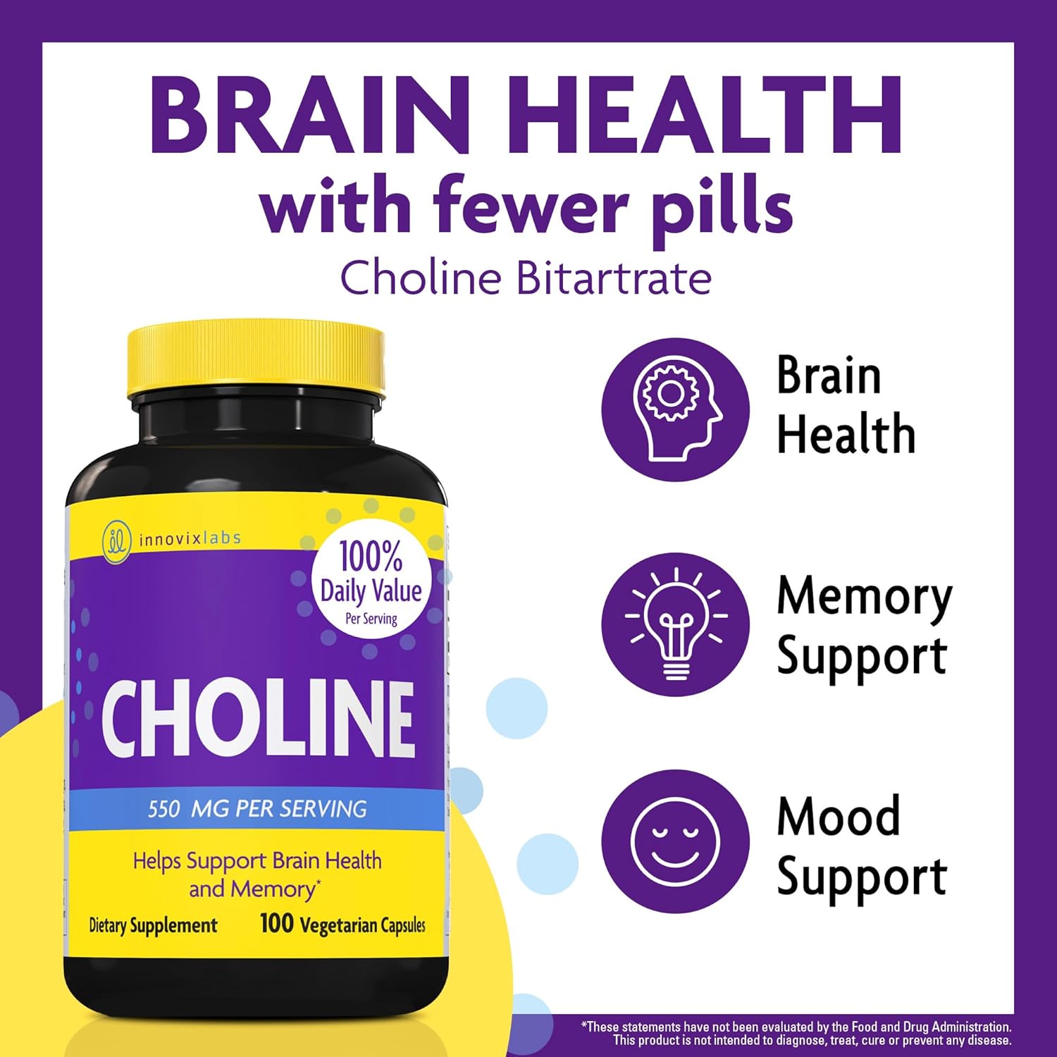 Choline Bitartrate & Multi Strain Probiotic Bundle for Memory, Mood, & Brain Health Boost - 550mg Choline, 100 Capsules + 60 Probiotic Capsules.