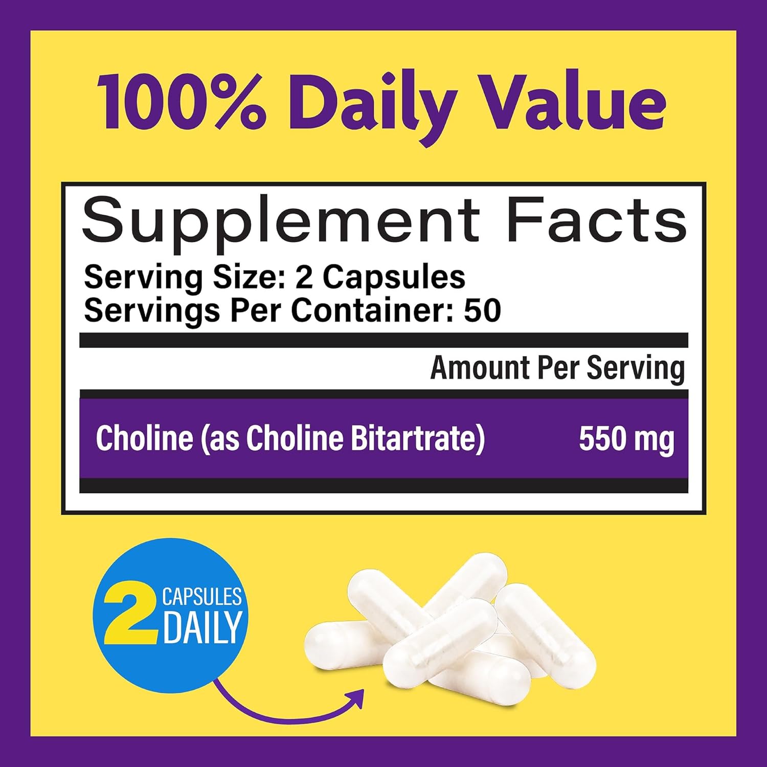Choline Bitartrate & Multi Strain Probiotic Bundle for Memory, Mood, & Brain Health Boost - 550mg Choline, 100 Capsules + 60 Probiotic Capsules.