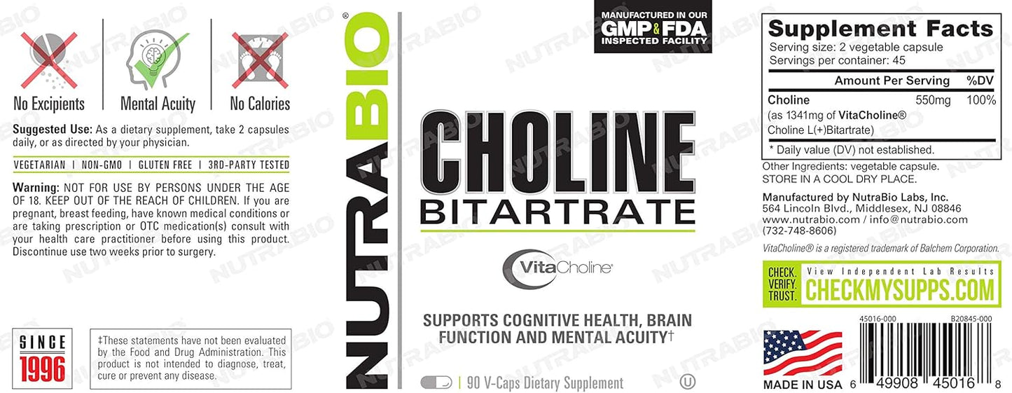 Choline Bitartrate Supplement for Cognitive Health & Mental Acuity - 550mg, 90 Capsules