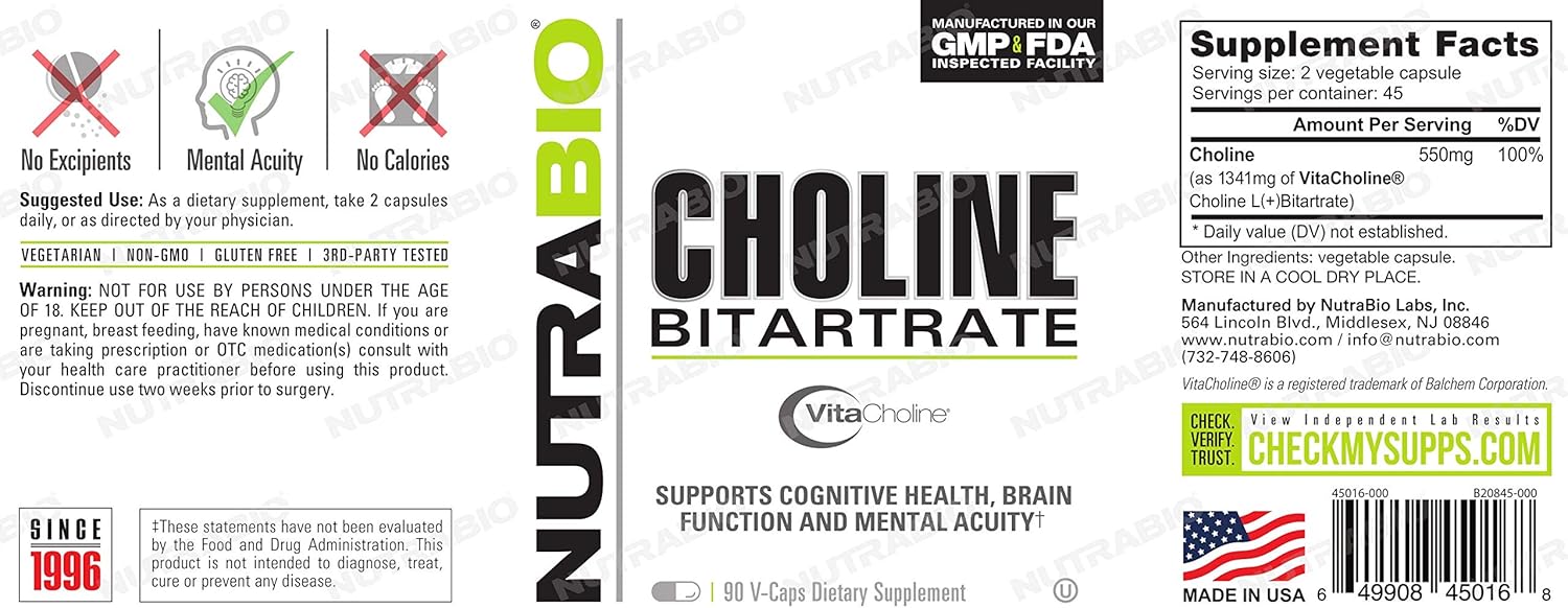 Choline Bitartrate Supplement for Cognitive Health & Mental Acuity - 550mg, 90 Capsules
