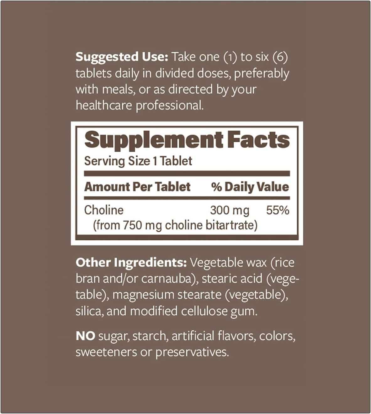 Choline Bitartrate Sustained Release Tablets - 300mg 60 Count - Vegan Brain Health Supplement for Memory & Focus - Non-GMO - Prenatal Development Support