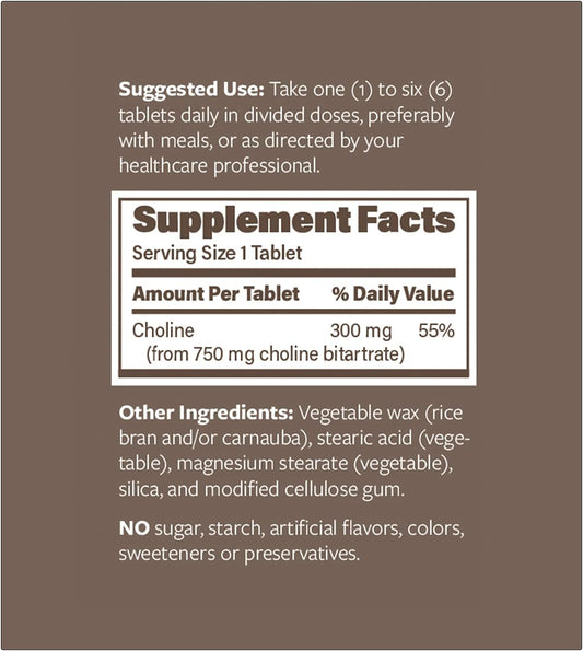 Choline Bitartrate Sustained Release Tablets - 300mg 60 Count - Vegan Brain Health Supplement for Memory & Focus - Non-GMO - Prenatal Development Support