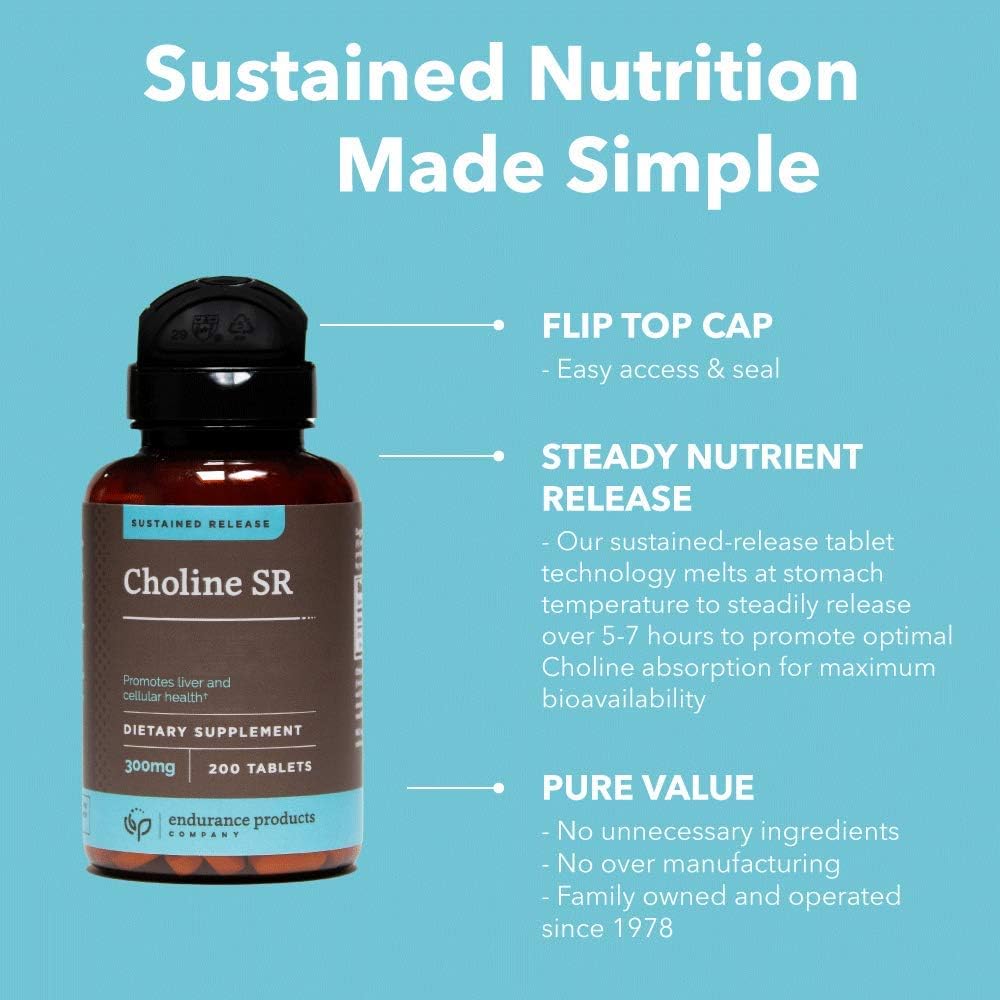 Choline Bitartrate Sustained Release Tablets - 300mg 60 Count - Vegan Brain Health Supplement for Memory & Focus - Non-GMO - Prenatal Development Support