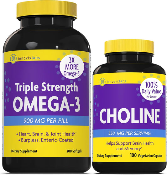 Choline Bitartrate & Triple Omega-3 Bundle - Memory, Mood, Brain Health - 100 Capsules & 200 Softgels. Boost Cognitive Function.