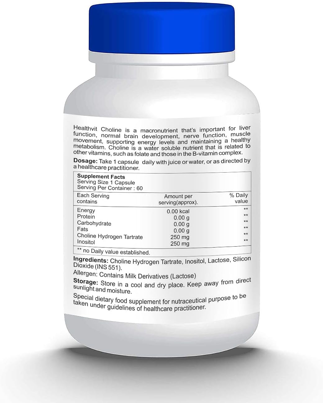 Choline Hydrogen Tartrate & Inositol Capsules 250mg | Energy, Liver & Brain Support | Non-GMO, Vegan, Gluten Free | 60ct