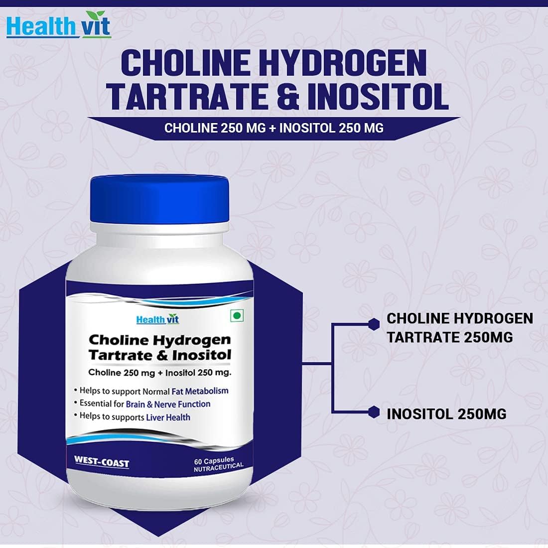 Choline Hydrogen Tartrate & Inositol Capsules 250mg | Energy, Liver & Brain Support | Non-GMO, Vegan, Gluten Free | 60ct