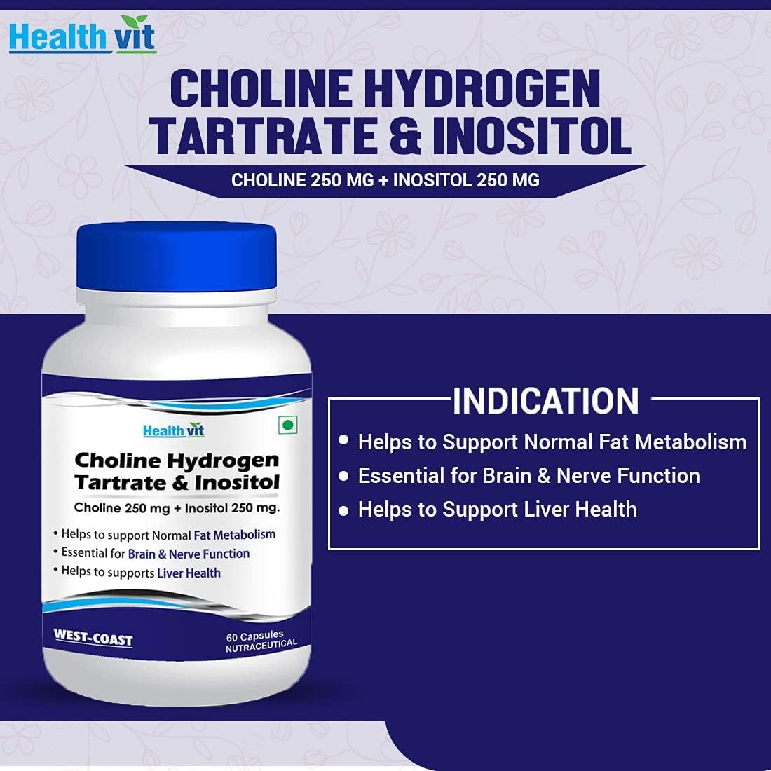 Choline Hydrogen Tartrate & Inositol Capsules 250mg | Energy, Liver & Brain Support | Non-GMO, Vegan, Gluten Free | 60ct