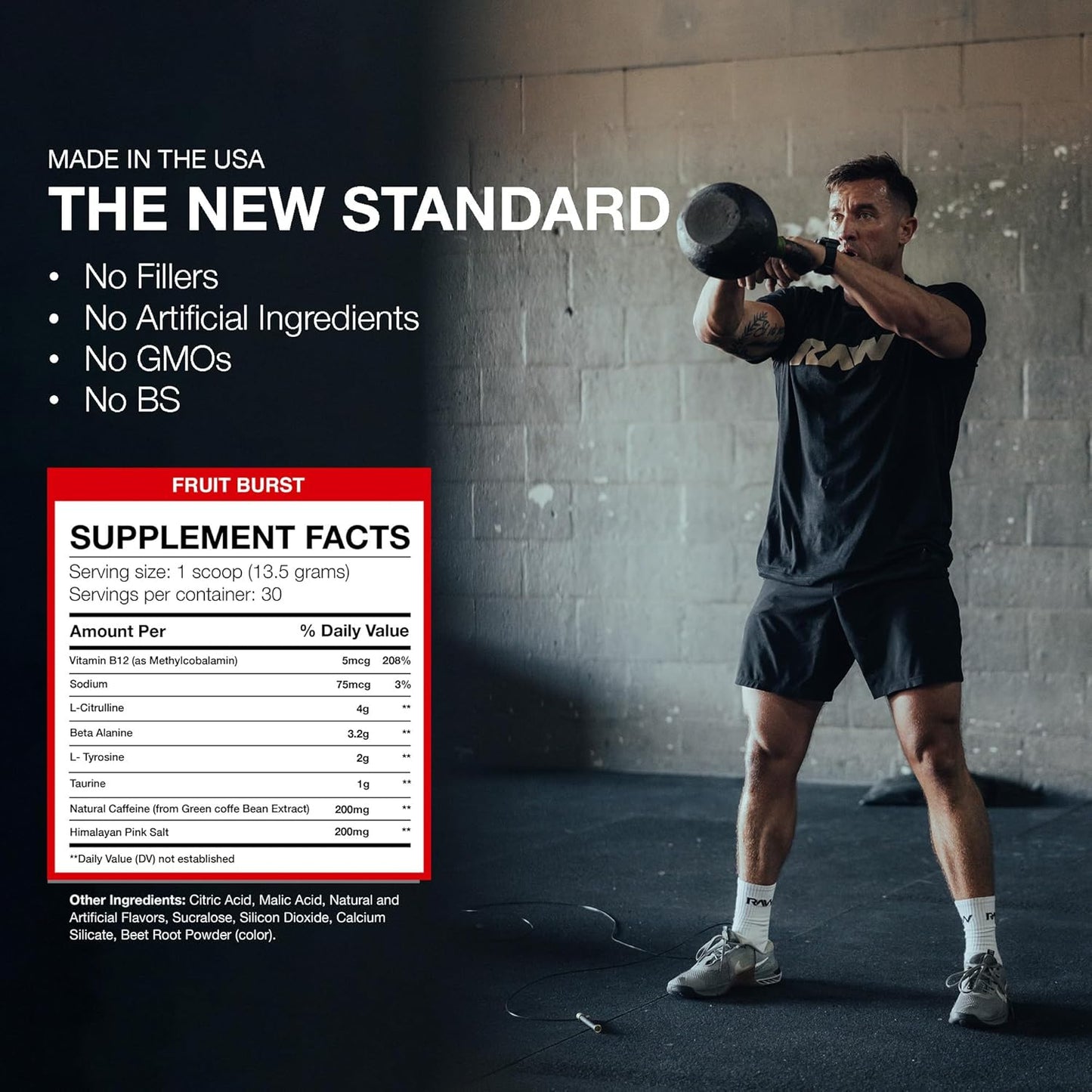 Chris Bumstead RAW Essential Pre-Workout Powder (Fruit Burst) - Sports Nutrition Supplement for Men & Women - Energy Powder with Caffeine, L-Citrulline, L-Tyrosine, & Beta Alanine Blend