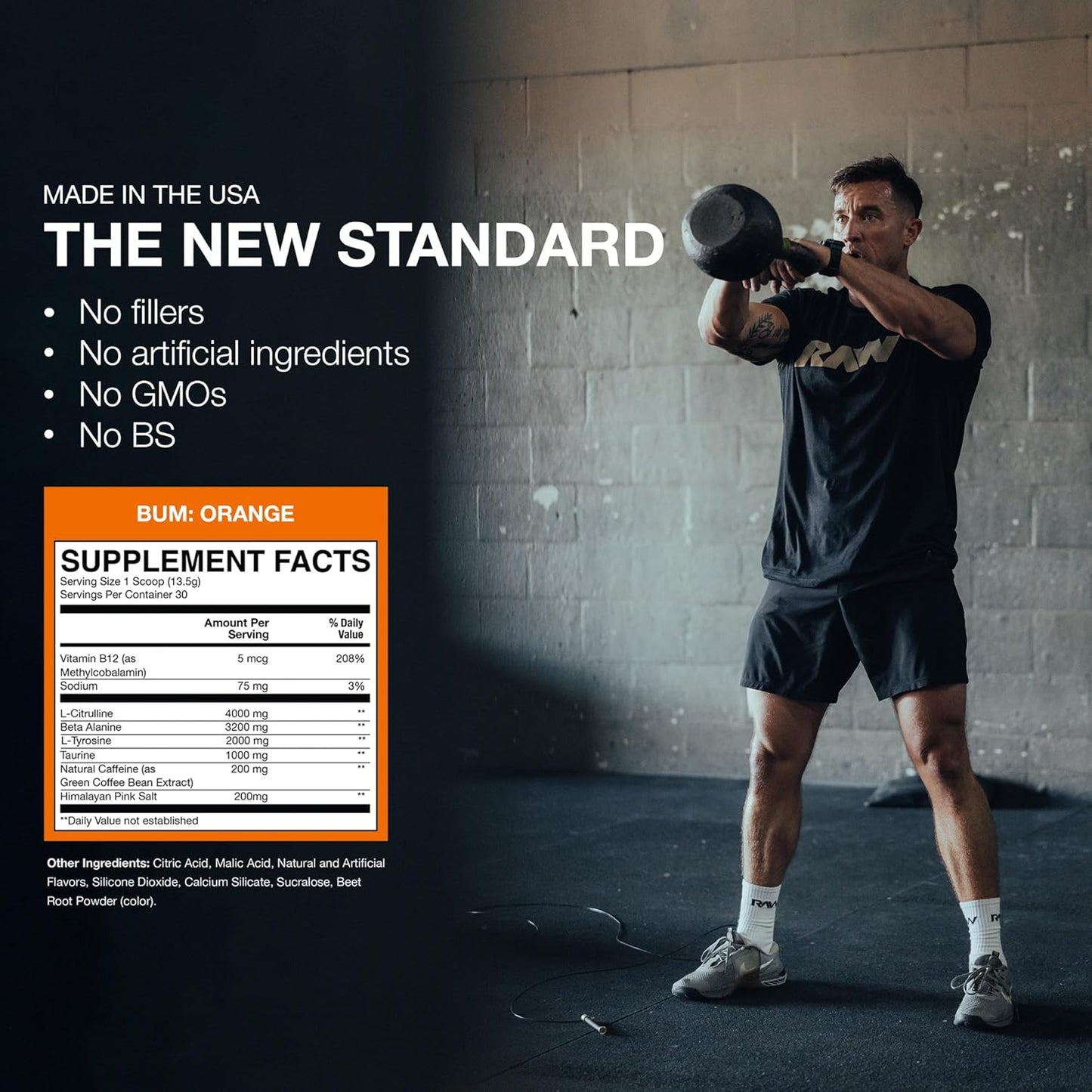 Chris Bumstead RAW Essential Pre-Workout Powder (Orange) - Energy Supplement for Men & Women with Caffeine, L-Citrulline, L-Tyrosine, Beta Alanine Blend