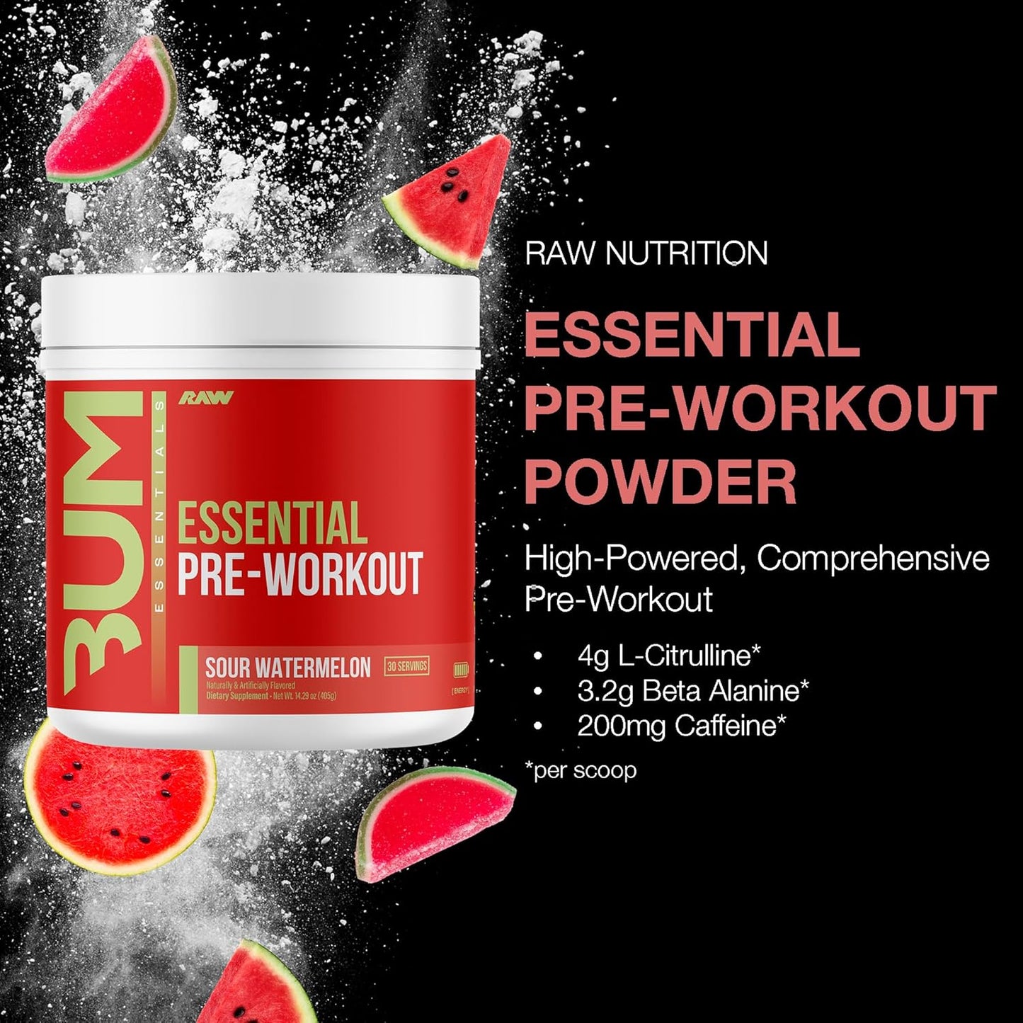 Chris Bumstead RAW Essential Pre-Workout Powder (Sour Watermelon) - Energy Boost for Men & Women with Caffeine, L-Citrulline, L-Tyrosine, Beta Alanine - Sports Nutrition Supplement