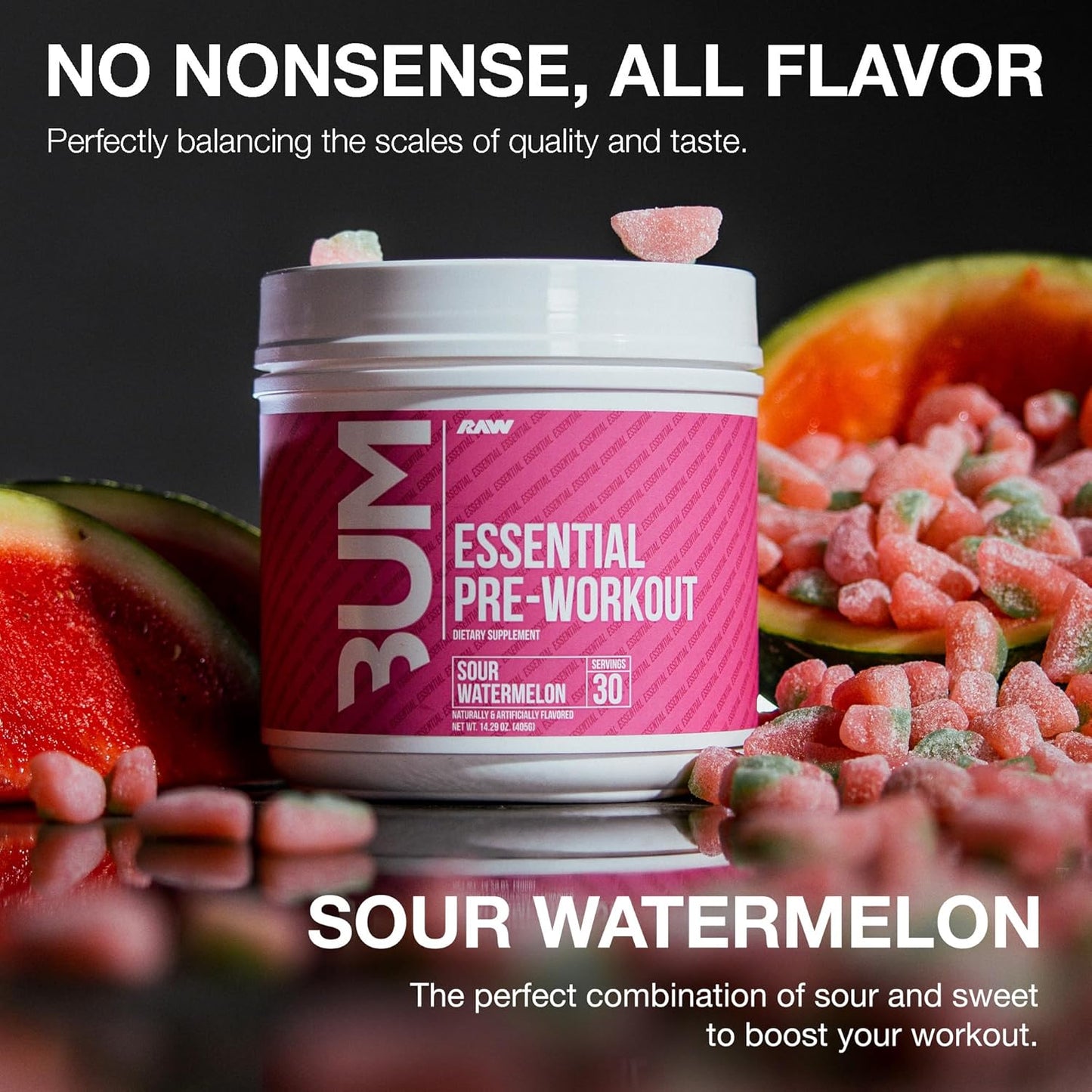 Chris Bumstead RAW Essential Pre-Workout Powder (Sour Watermelon) - Energy Boost for Men & Women with Caffeine, L-Citrulline, L-Tyrosine, Beta Alanine - Sports Nutrition Supplement