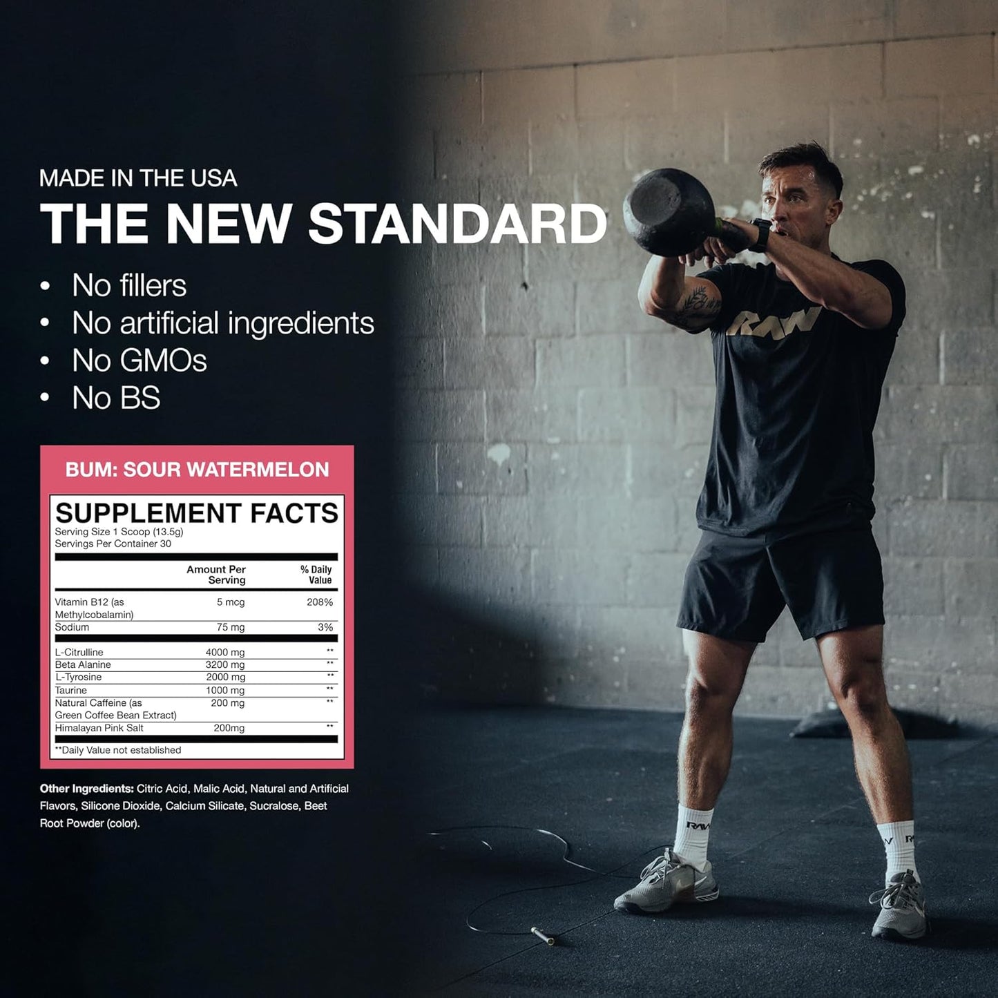 Chris Bumstead RAW Essential Pre-Workout Powder (Sour Watermelon) - Energy Boost for Men & Women with Caffeine, L-Citrulline, L-Tyrosine, Beta Alanine - Sports Nutrition Supplement