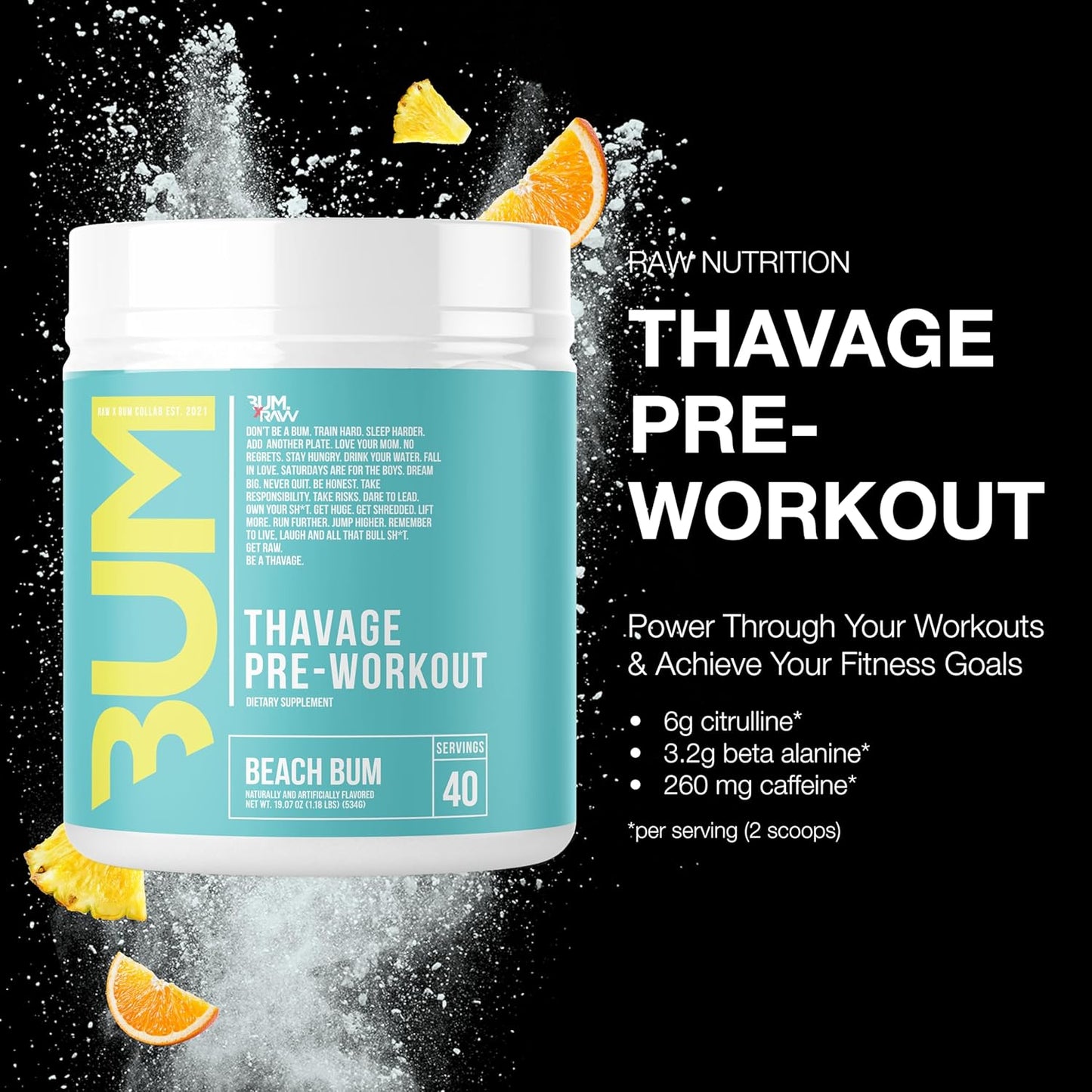 Chris Bumstead Thavage Beach Bum Pre Workout Powder - Sports Nutrition Supplement for Men & Women - Hydration, Mental Focus, Energy - 40 Servings