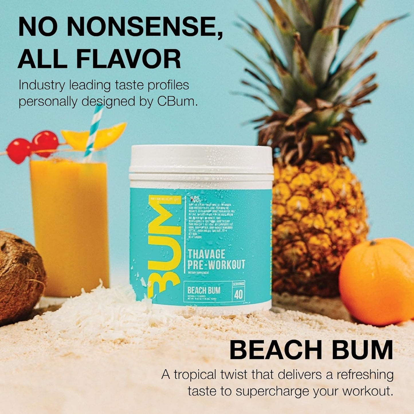 Chris Bumstead Thavage Beach Bum Pre Workout Powder - Sports Nutrition Supplement for Men & Women - Hydration, Mental Focus, Energy - 40 Servings