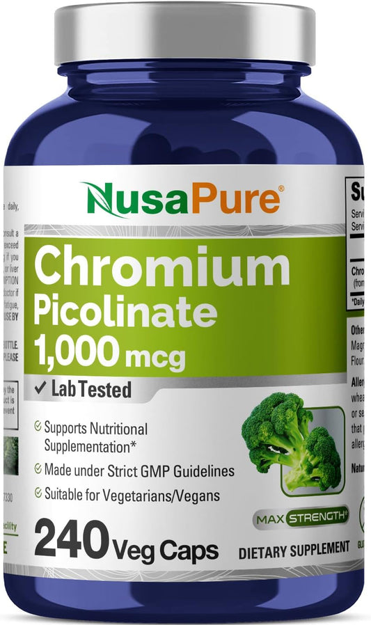 Chromium Picolinate 1000mcg - 240 Veg Capsules, Non-GMO & Gluten Free by NusaPure
