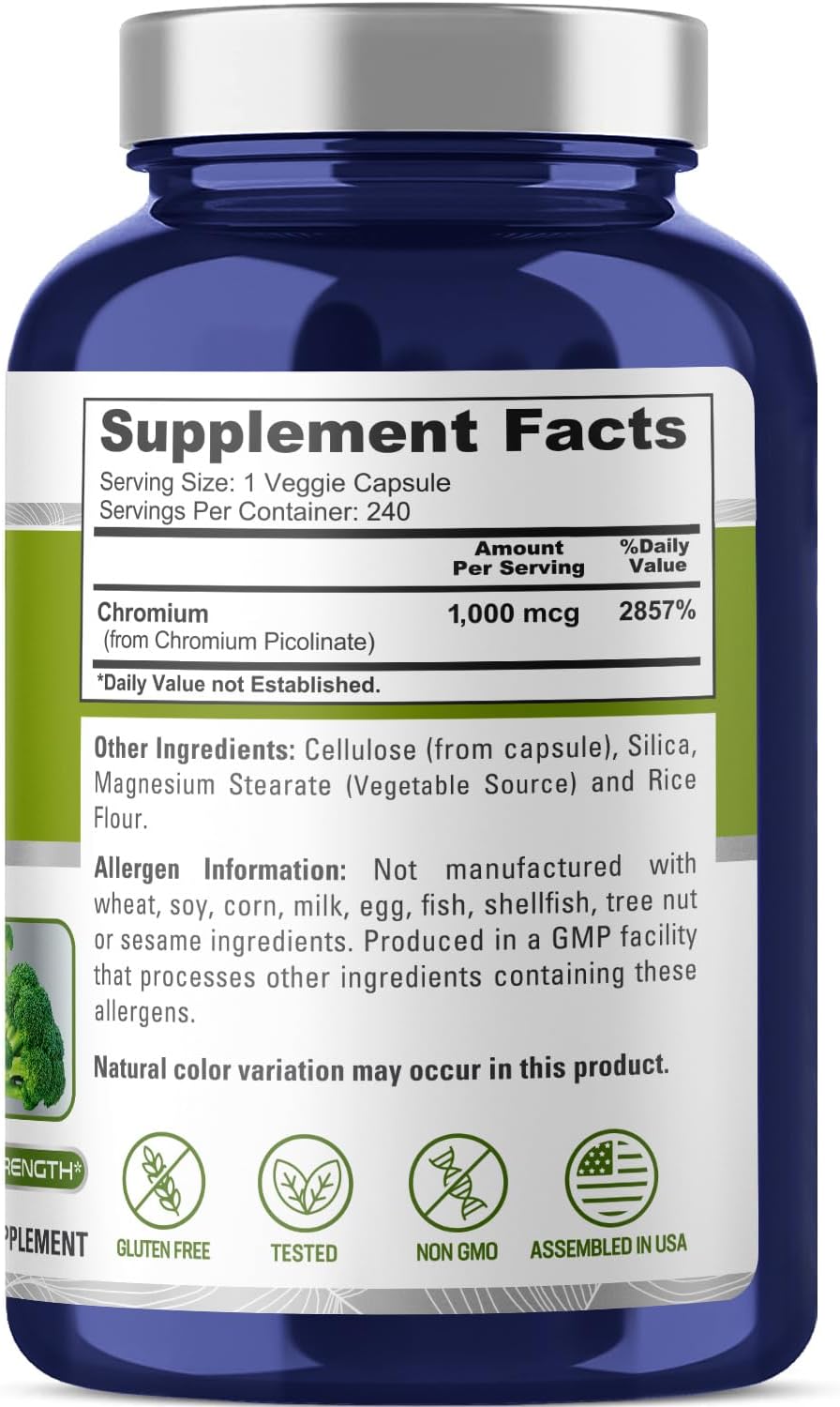 Chromium Picolinate 1000mcg - 240 Veg Capsules, Non-GMO & Gluten Free by NusaPure
