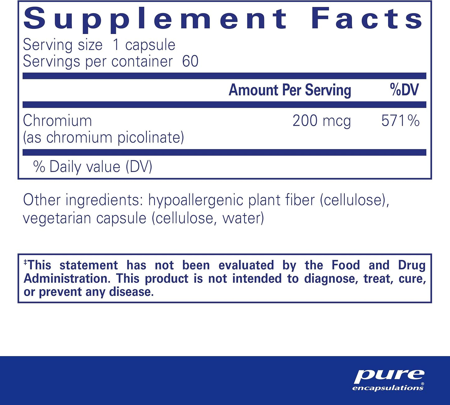 Chromium Picolinate 200 mcg Capsules for Healthy Metabolism Support | Hypoallergenic Supplement by Pure Encapsulations | 60 Count