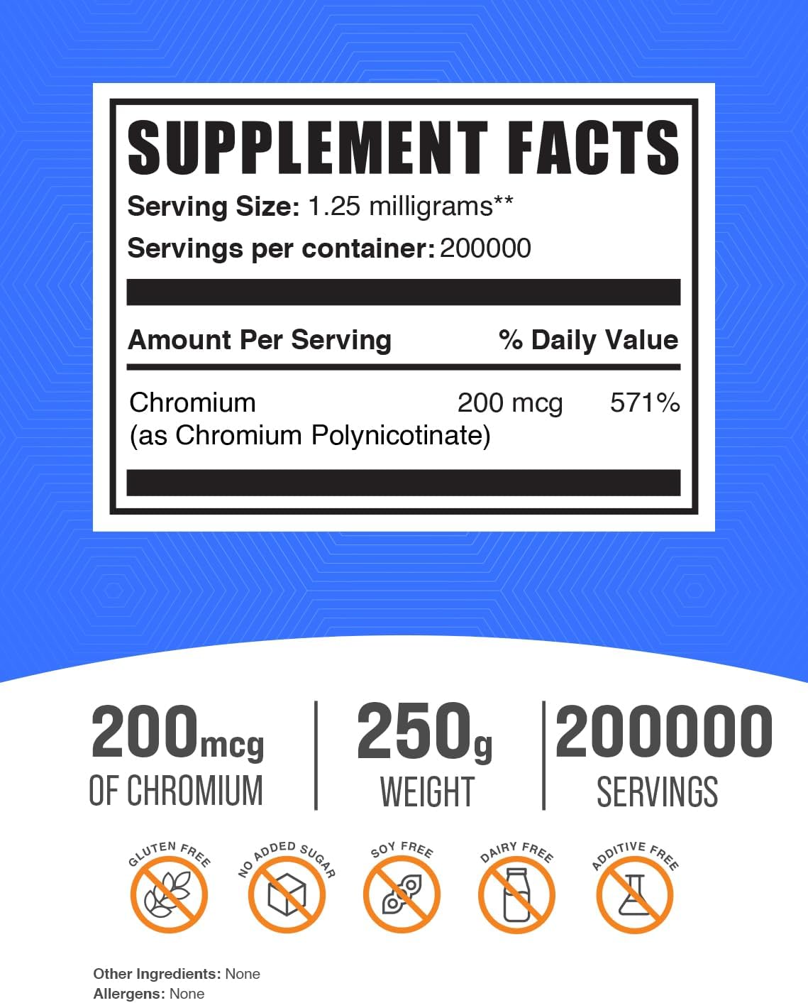 Chromium Polynicotinate Powder - 200mcg GTF Chromium Supplement, Yeast Free, 250g (8.8 oz)
