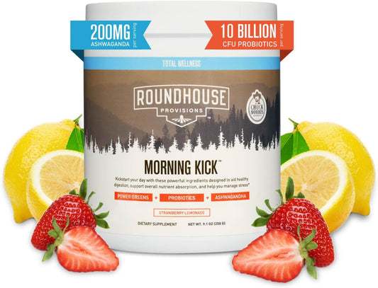 Chuck Norris Morning Kick Greens Superfood Powder with Ashwaganda, Collagen, Probiotics - Supports Energy - 30 Servings - Strawberry Lemonade