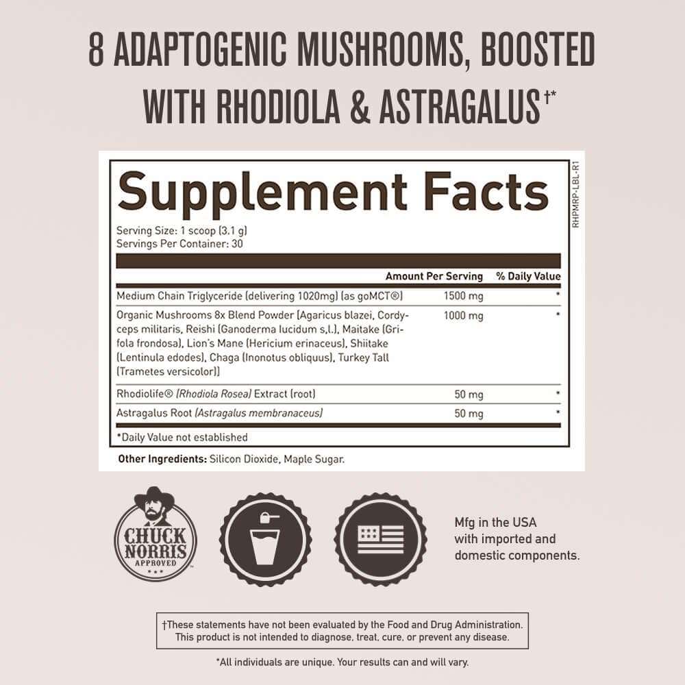 Chuck Norris' Roundhouse Provision Qi Master Adaptogen Blend with Astragalus Root, Rhodiolife Extract, MCT, and 8 Organic Mushrooms - 30 Scoops