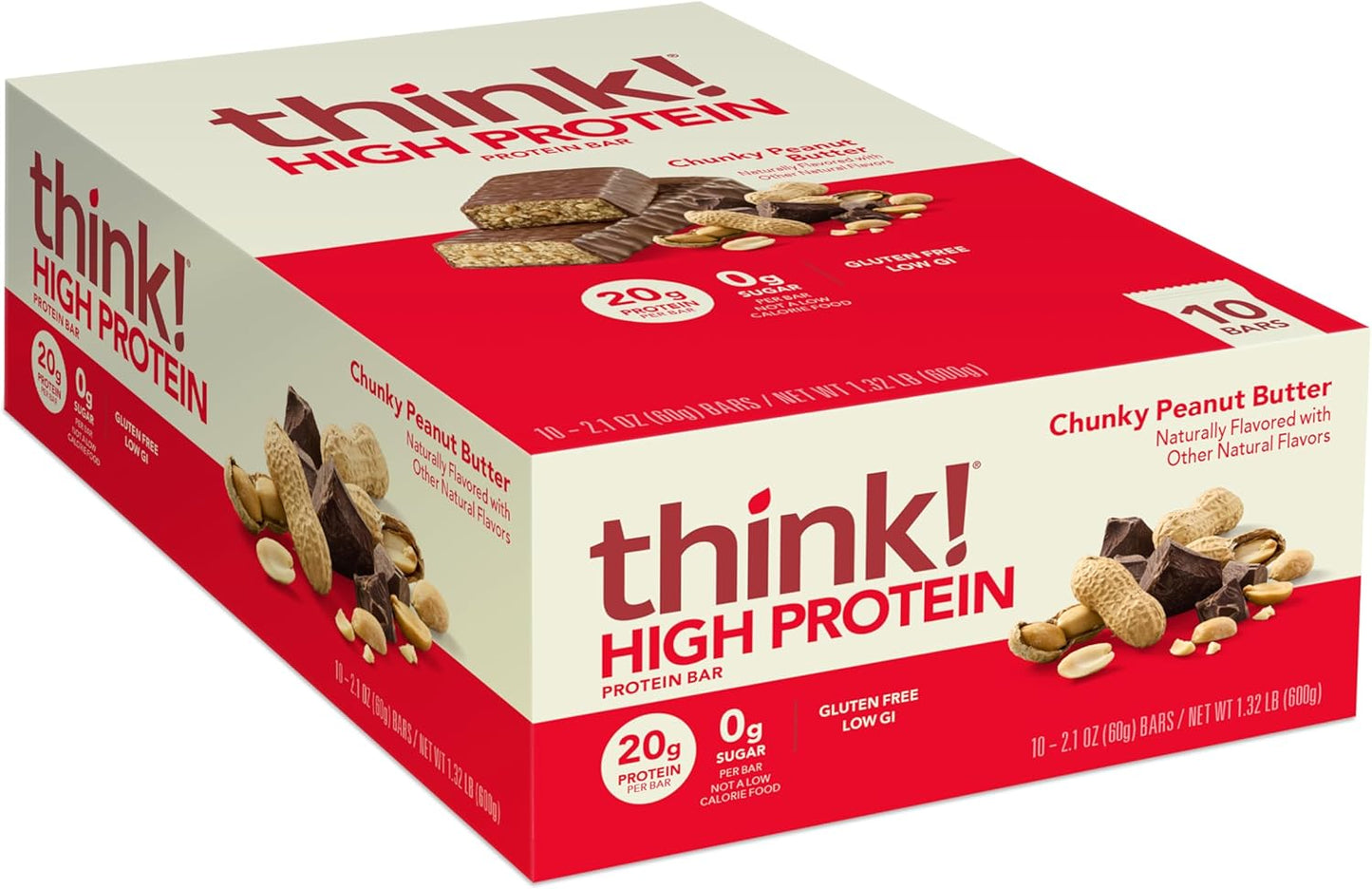 Chunky Peanut Butter think! Protein Bars - High Protein, Gluten Free, Kosher Friendly Snacks - 2.1 Oz Bars, 10 Count Pack