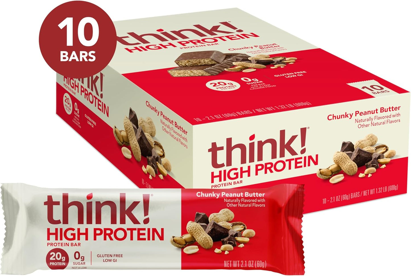 Chunky Peanut Butter think! Protein Bars - High Protein, Gluten Free, Kosher Friendly Snacks - 2.1 Oz Bars, 10 Count Pack