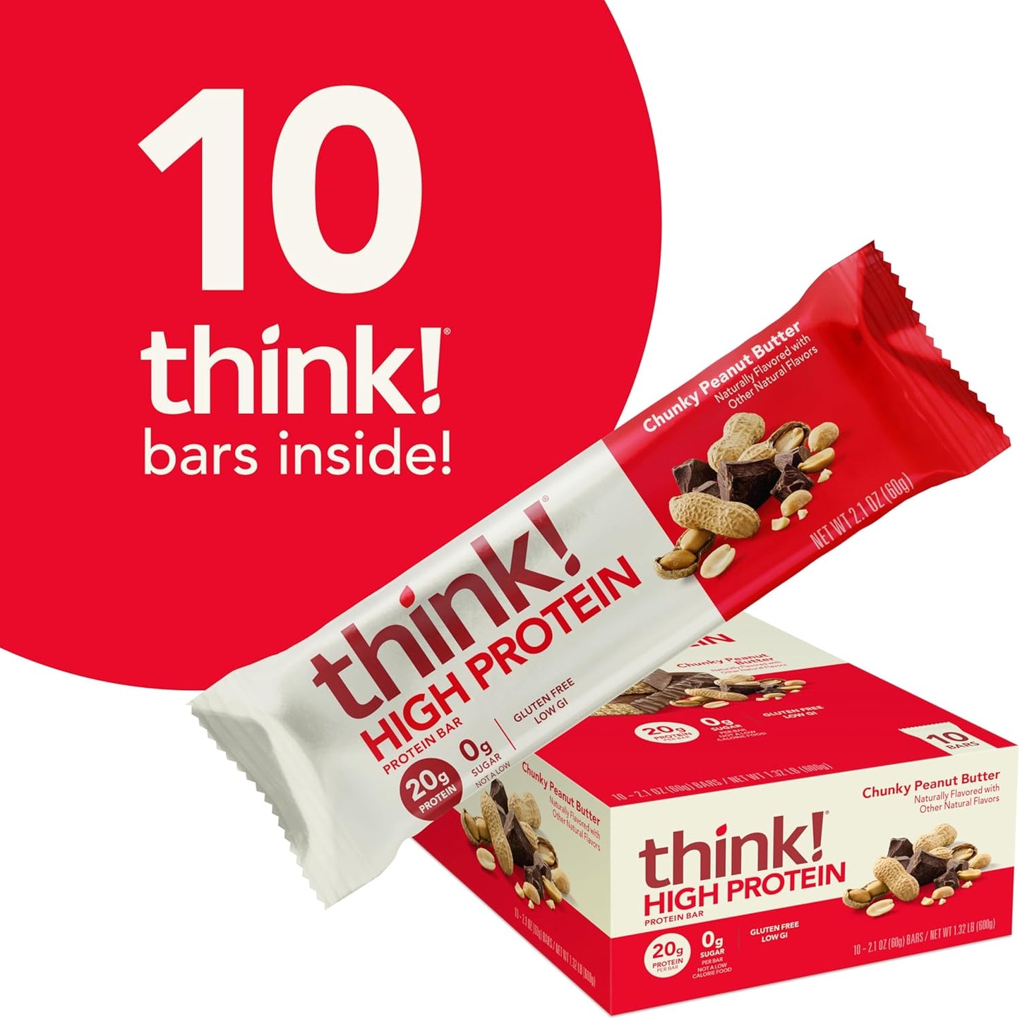 Chunky Peanut Butter think! Protein Bars - High Protein, Gluten Free, Kosher Friendly Snacks - 2.1 Oz Bars, 10 Count Pack