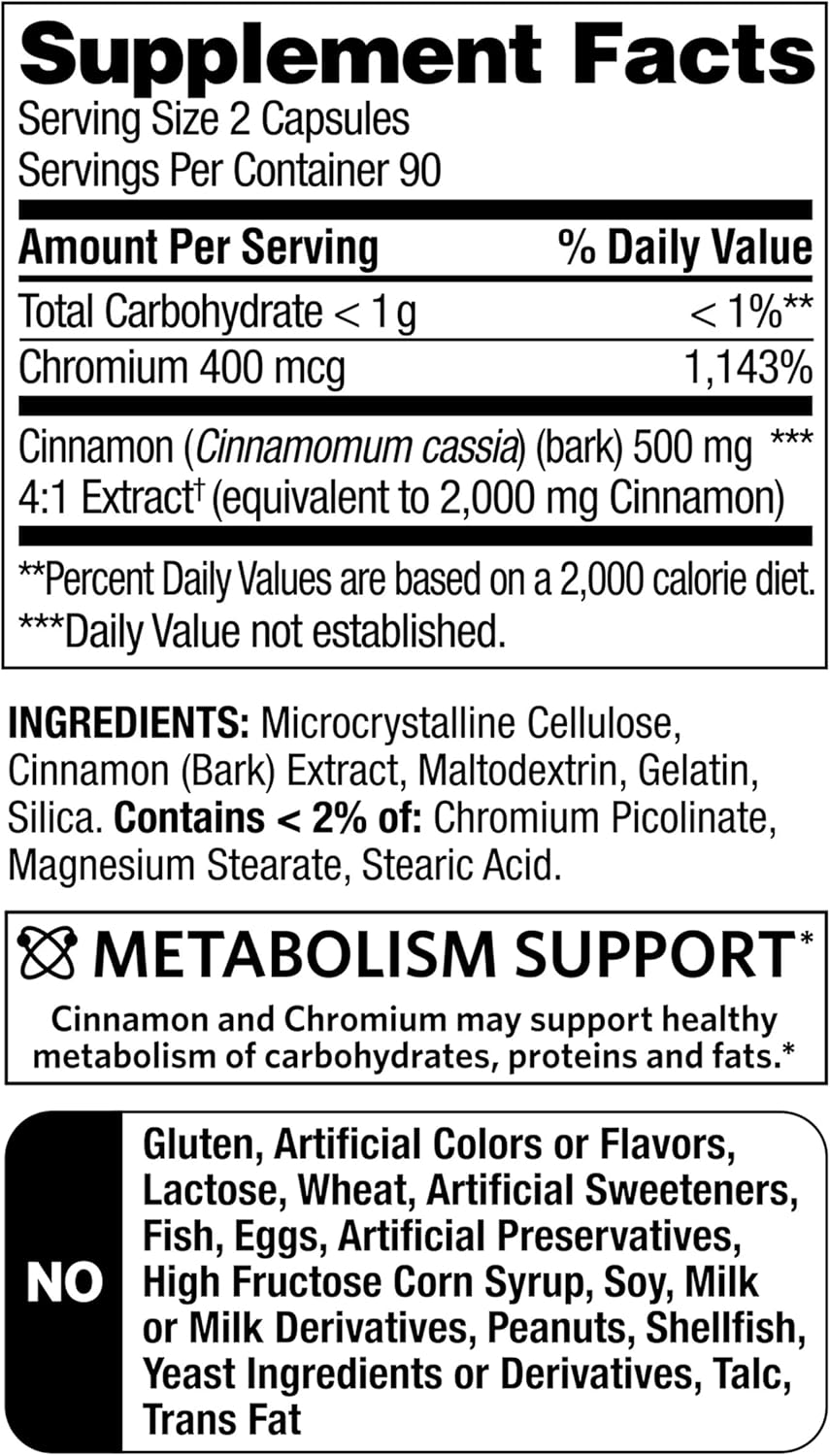 Cinnamon Capsules with Chromium Picolinate for Metabolism Support - 180 Count