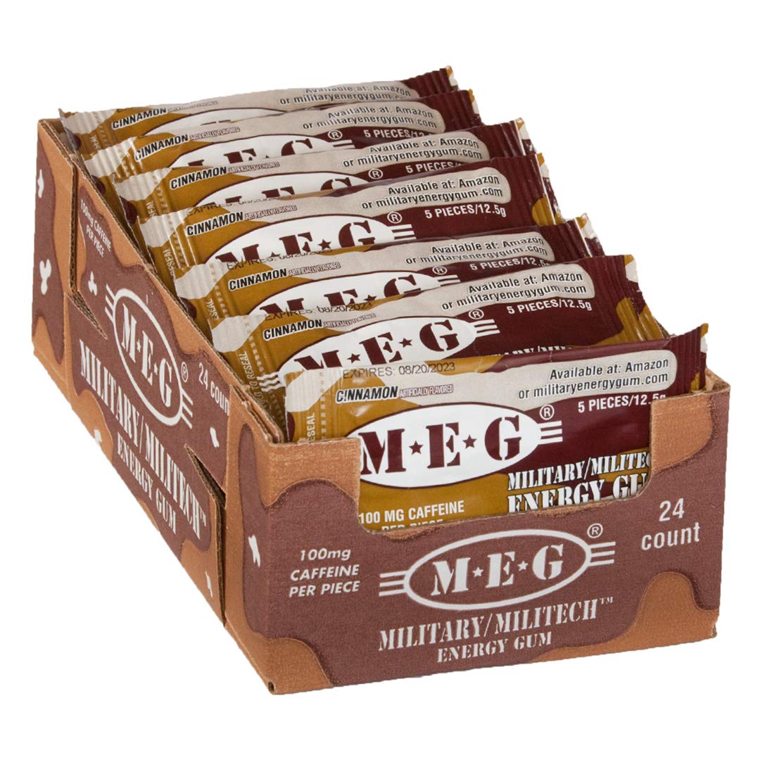 Cinnamon MEG Military Energy Gum - 100mg Caffeine for Enhanced Performance, Workout Energy Boost, 24 Pack