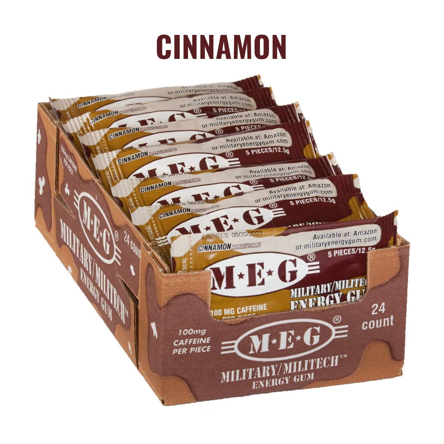 Cinnamon MEG Military Energy Gum - 100mg Caffeine for Enhanced Performance, Workout Energy Boost, 24 Pack