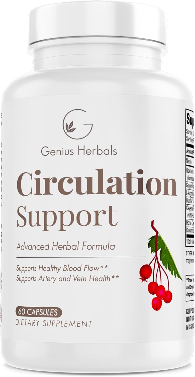 Circulation Support Capsules with Hawthorn, Butchers Broom, L-Arginine - Varicose Veins Relief - 60 Count