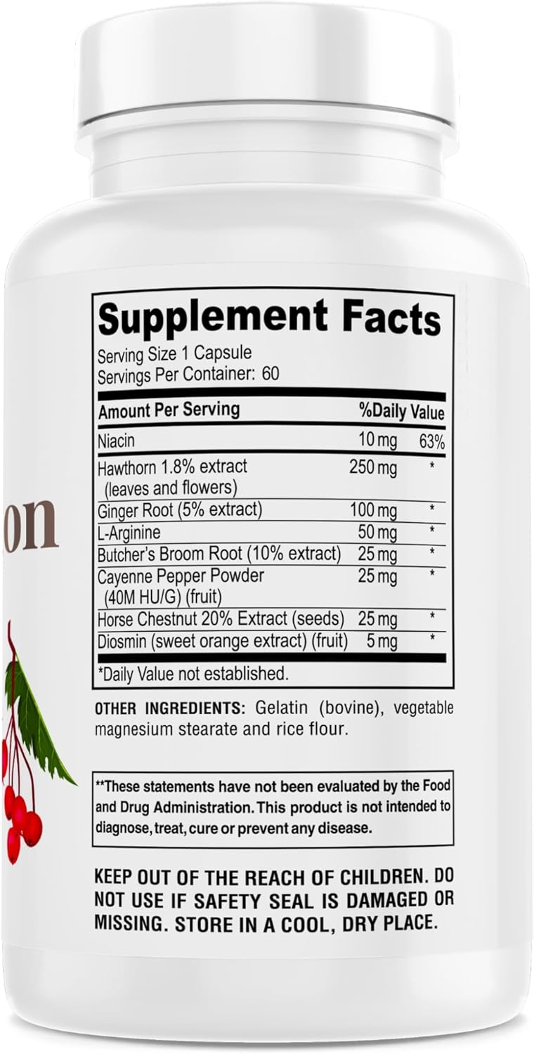 Circulation Support Capsules with Hawthorn, Butchers Broom, L-Arginine - Varicose Veins Relief - 60 Count