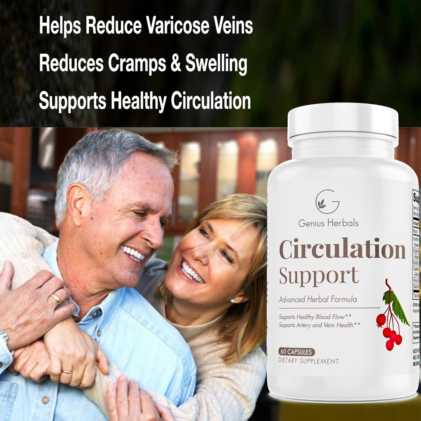 Circulation Support Capsules with Hawthorn, Butchers Broom, L-Arginine - Varicose Veins Relief - 60 Count