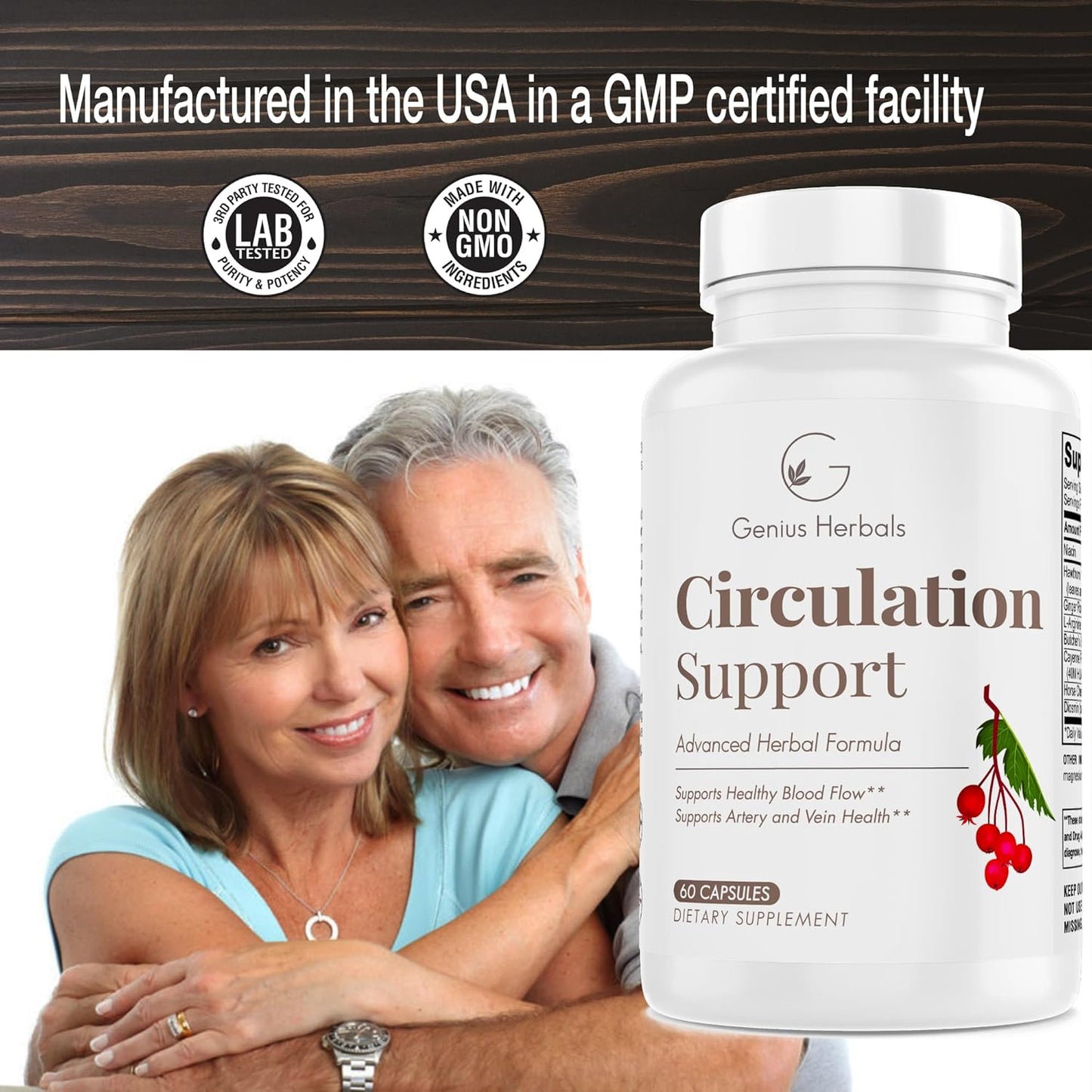 Circulation Support Capsules with Hawthorn, Butchers Broom, L-Arginine - Varicose Veins Relief - 60 Count