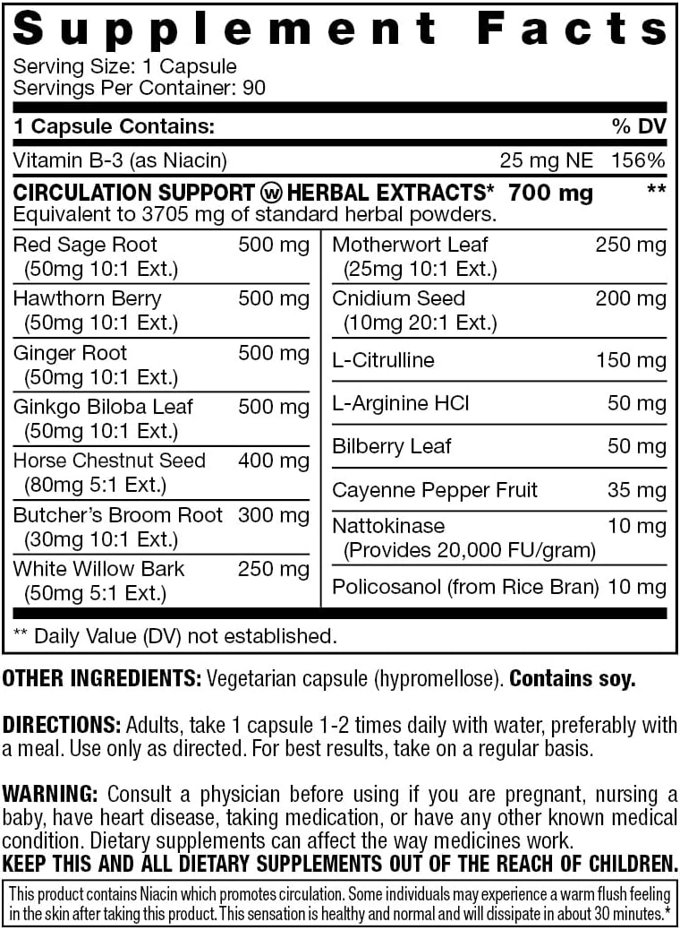 Circulation Support Supplement with Hawthorn Berry, Ginkgo Biloba, Butcher's Broom, Horse Chestnut, L-Arginine & Ginger Root - Promotes Healthy Blood, Oxygen & Nutrient Flow - 90 Capsules