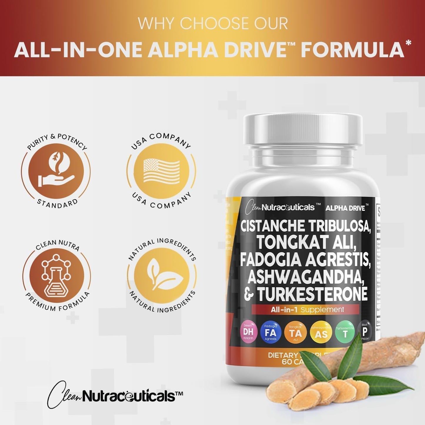 Cistanche Tribulosa Fadogia Agrestis Tongkat Ali Turkesterone Pills for Men - 60 Count Supplement by Clean Nutraceuticals