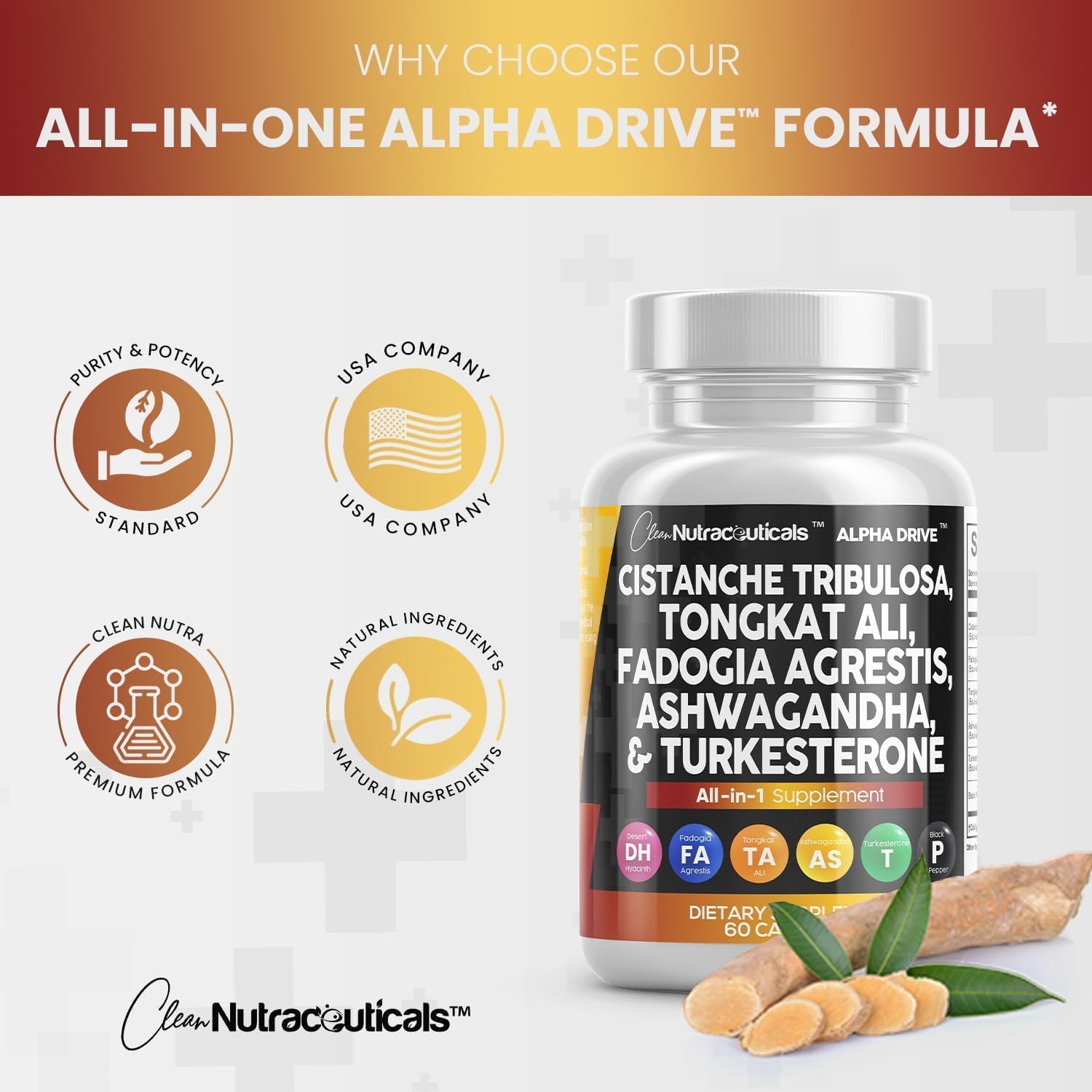 Cistanche Tribulosa Fadogia Agrestis Tongkat Ali Turkesterone Pills for Men - 60 Count Supplement by Clean Nutraceuticals