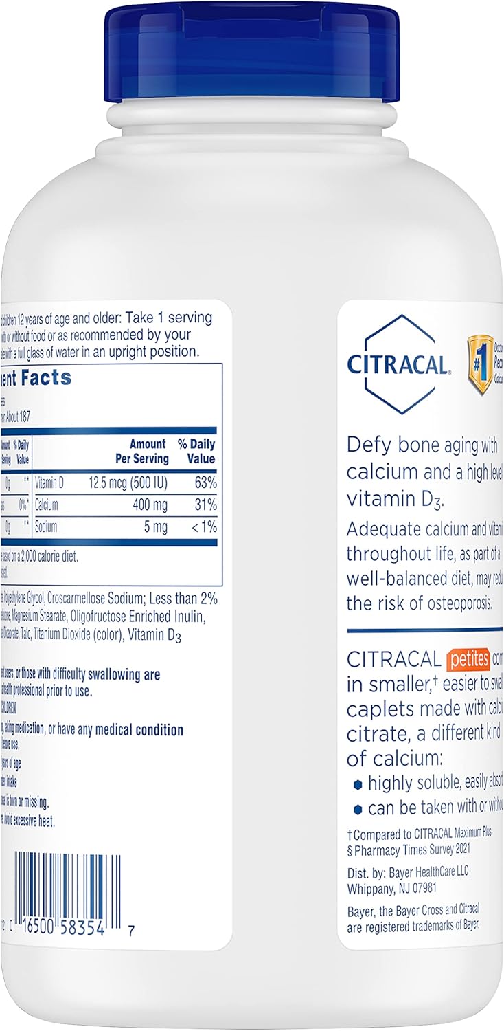 Citracal Petites Calcium Citrate Caplets with Vitamin D3 for Bone Health Support, 375 Count, Ages 12+